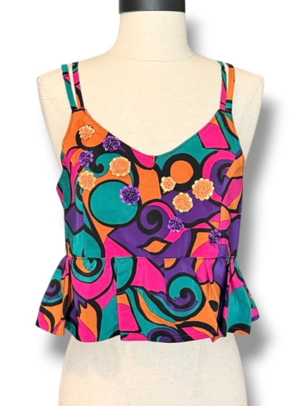 Handmade Bright Retro Multicolored Print Sequin Beaded Peplum Crop Top Tie Back